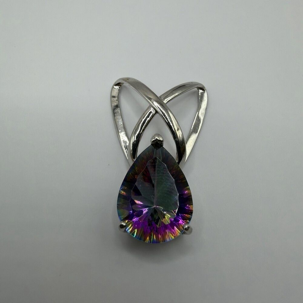 925 Sterling Silver Mystic Topaz Pear Teardrop Pendant Rainbow 3.3g